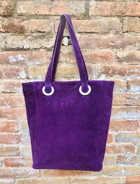 PURPLE large TOTE leather bag. Soft natural genuine suede leather shopper bag. Purple suede bag laptop bag. Purple suede purse