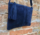 NAVY blue suede bag. Dark blue GENUINE suede leather crossbody bag. Small blue leather bag with adjustable strap + zipper. Navy suede purse