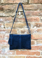 NAVY blue suede bag. Dark blue GENUINE suede leather crossbody bag. Small blue leather bag with adjustable strap + zipper. Navy suede purse