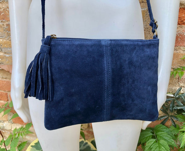 NAVY blue suede bag. Dark blue GENUINE suede leather crossbody bag. Sm Handmade suede bags by Good Times Barcelona