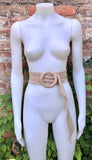 Beige suede waist belt with large round buckle. Boho soft suede belt in light beige. Genuine suede leather. Boho beige suede belt