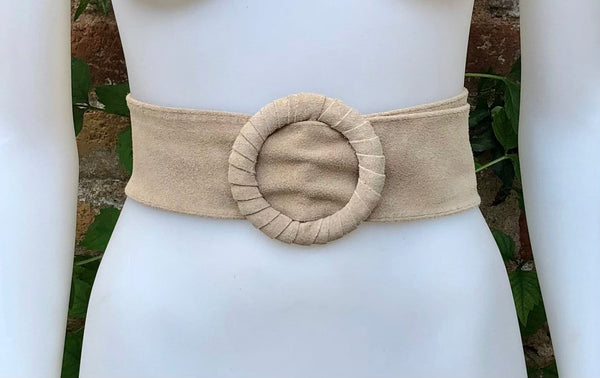 Beige suede waist belt with large round buckle. Boho soft suede belt in light beige. Genuine suede leather. Boho beige suede belt