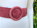 Raspberry pink suede waist belt with large round buckle. Boho soft suede wide belt.Genuine natural punch pink suede leather. Pink dress belt