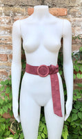 Raspberry pink suede waist belt with large round buckle. Boho soft suede wide belt.Genuine natural punch pink suede leather. Pink dress belt