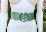 Metallic mint green leather waist belt with large round buckle. Soft leather belt in light aqua green.. Green wide waist belt