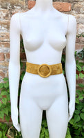 Mustard yellow suede waist belt with large round buckle. Boho soft suede wide belt.Genuine natural yellow suede leather. Yellow dress belt