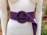 Purple suede waist belt with large round buckle. Boho soft suede belt in a dark purple shade. Genuine natural purple suede leather