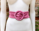 Hot pink suede waist belt with large round buckle. Boho soft suede belt in fuchsia. Genuine natural hot pink suede leather