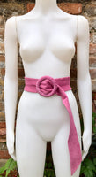 Hot pink suede waist belt with large round buckle. Boho soft suede belt in fuchsia. Genuine natural hot pink suede leather