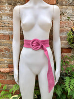 Hot pink suede waist belt with large round buckle. Boho soft suede belt in fuchsia. Genuine natural hot pink suede leather