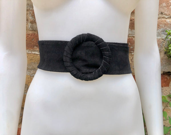 Black suede waist belt with large round buckle. Boho soft suede belt in BLACK Genuine natural BLACK suede wide belt