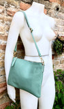 SAGE green leather bag. GENUINE leather cross body / shoulder bag. Light GREEN purse with adjustable strap + zipper. Soft leather messenger