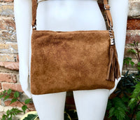 CAMEL BROWN suede leather bag. GENUINE leather small crossbody / shoulder bag.Adjustable strap and zipper. Tan brown suede purse with tassel