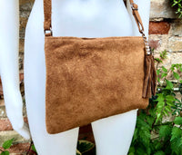 CAMEL BROWN suede leather bag. GENUINE leather small crossbody / shoulder bag.Adjustable strap and zipper. Tan brown suede purse with tassel