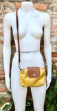 MUSTARD YELLOW + camel brown small leather bag. Genuine leather cross body / shoulder bag. Yellow bag with adjustable strap, zipper + flap