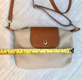 DARK BEIGE + camel brown small leather bag. Genuine leather cross body / shoulder bag. Taupe purse with adjustable strap, zipper + flap