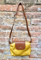 MUSTARD YELLOW + camel brown small leather bag. Genuine leather cross body / shoulder bag. Yellow bag with adjustable strap, zipper + flap