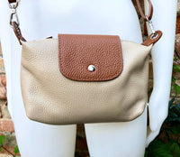 DARK BEIGE + camel brown small leather bag. Genuine leather cross body / shoulder bag. Taupe purse with adjustable strap, zipper + flap