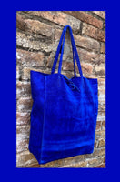 ROYAL blue TOTE leather bag. Soft natural genuine suede leather. Cobalt blue suede shopper for your laptop, tablet, books. Blue suede purse