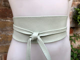 Mint green leather belt. Light green waist belt. Genuine leather wrap belt. Aqua green obi belt. Green wraparound dress belt