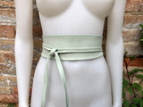 Mint green leather belt. Light green waist belt. Genuine leather wrap belt. Aqua green obi belt. Green wraparound dress belt