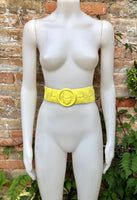 Bright yellow leather waist belt with large round buckle. Boho soft genuine leather belt in yellow. Wide waist belt. Braided leather