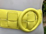 Bright yellow leather waist belt with large round buckle. Boho soft genuine leather belt in yellow. Wide waist belt. Braided leather