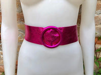 HOT PINK metallic leather waist belt with large round buckle. Fuchsia leather belt. Boho glitter genuine leather belt. PINK waist belt