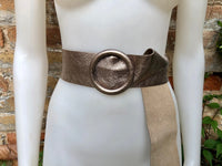 BRONZE leather waist belt with large round buckle. Soft leather belt in metallic bronze color. Genuine leather belt. Dark gold waist belt