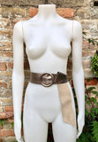 BRONZE leather waist belt with large round buckle. Soft leather belt in metallic bronze color. Genuine leather belt. Dark gold waist belt