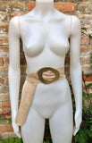 Beige suede waist belt with large metal buckle in gold. Soft suede belt in beige. Boho dress belt with golden buckle.