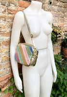 Metallic shine leather bag in GOLD, pink, green and blue. Reversible cross body / shoulder bag in GENUINE leather. Adjustable strap.