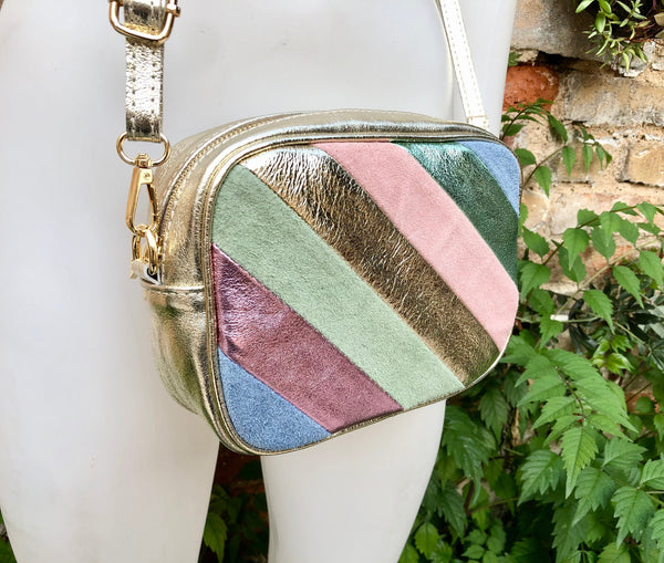 Metallic shine leather bag in GOLD, pink, green and blue. Reversible cross body / shoulder bag in GENUINE leather. Adjustable strap.