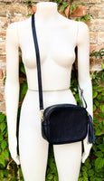 NAVY BLUE small leather bag . Cross body / shoulder bag in GENUINE leather. Dark blue leather purse. Tassel on the zipper . Gold accents