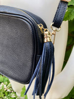 NAVY BLUE small leather bag . Cross body / shoulder bag in GENUINE leather. Dark blue leather purse. Tassel on the zipper . Gold accents