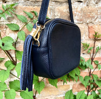 NAVY BLUE small leather bag . Cross body / shoulder bag in GENUINE leather. Dark blue leather purse. Tassel on the zipper . Gold accents