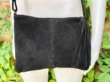 Suede leather bag in BLACK.Cross body bag, boho shoulder bag in GENUINE leather. Small leather bag, BLACK shoulder bag, small black purse.