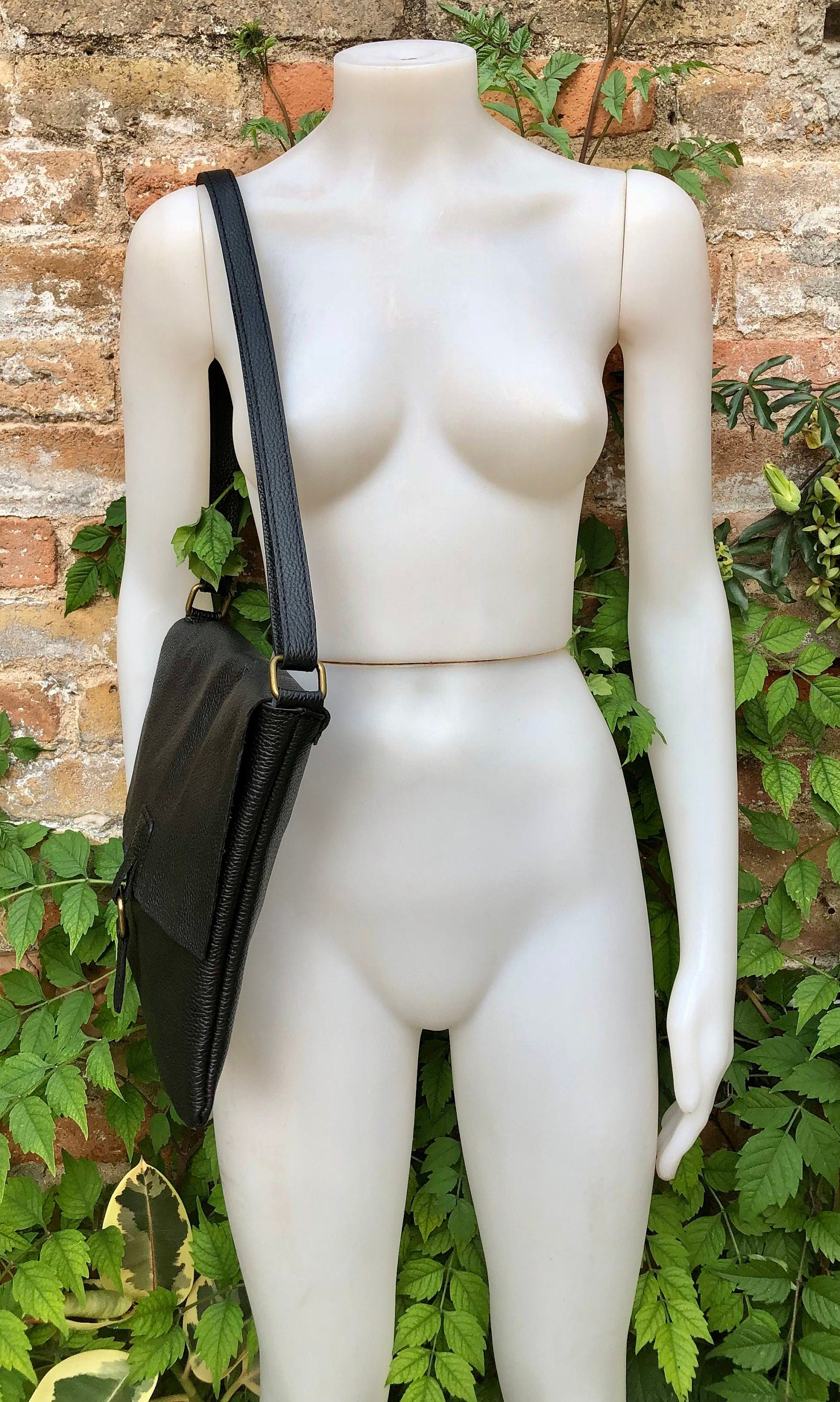 Black crossbody leather bag. Soft genuine leather bag. Black messenger. Black purse with zipper, flap and adjustable strap.