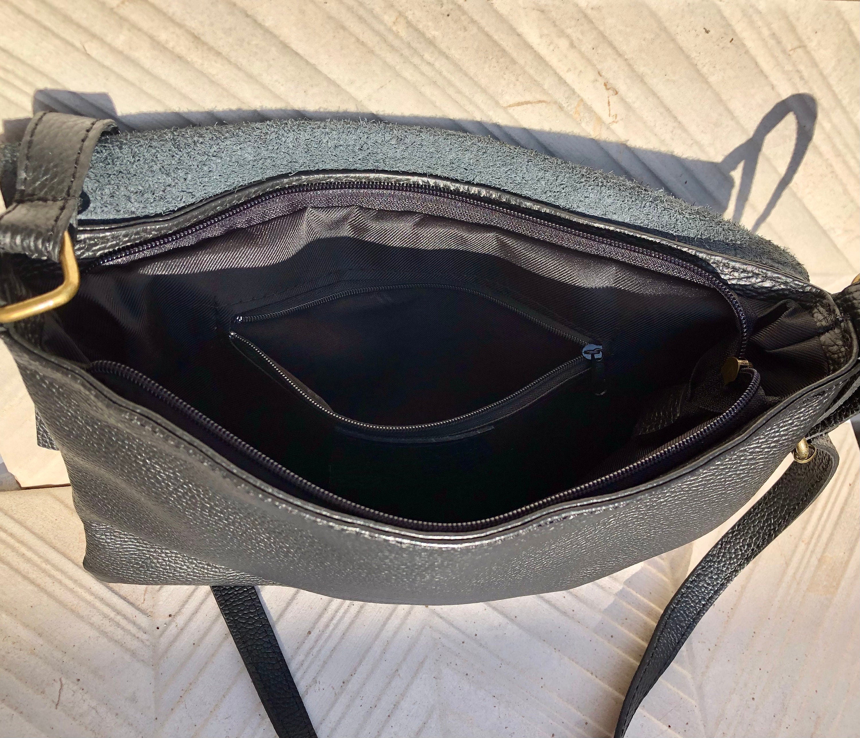 Black crossbody leather bag. Soft genuine leather bag. Black messenger. Black purse with zipper, flap and adjustable strap.