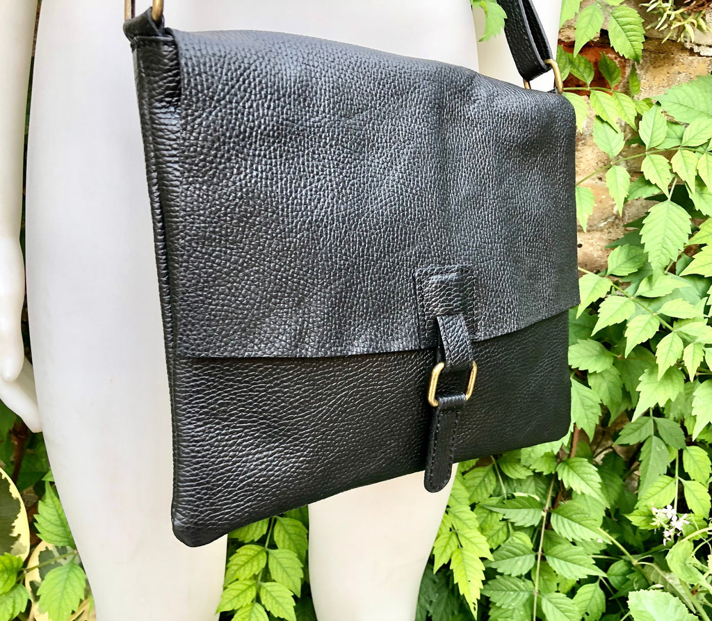 Black crossbody leather bag. Soft genuine leather bag. Black messenger. Black purse with zipper, flap and adjustable strap.