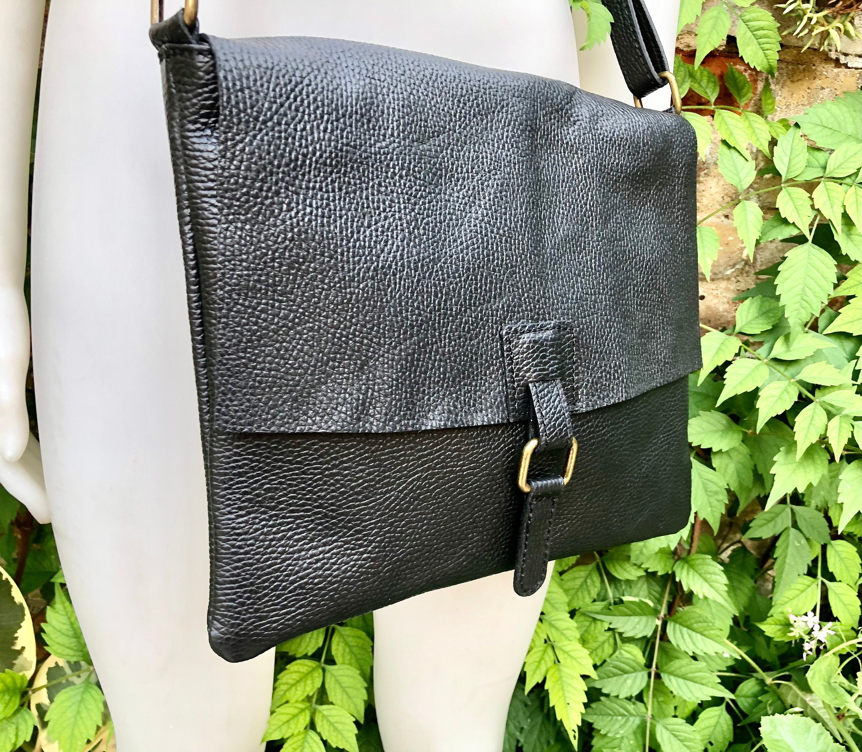 Black crossbody leather bag. Soft genuine leather bag. Black messenger. Black purse with zipper, flap and adjustable strap.