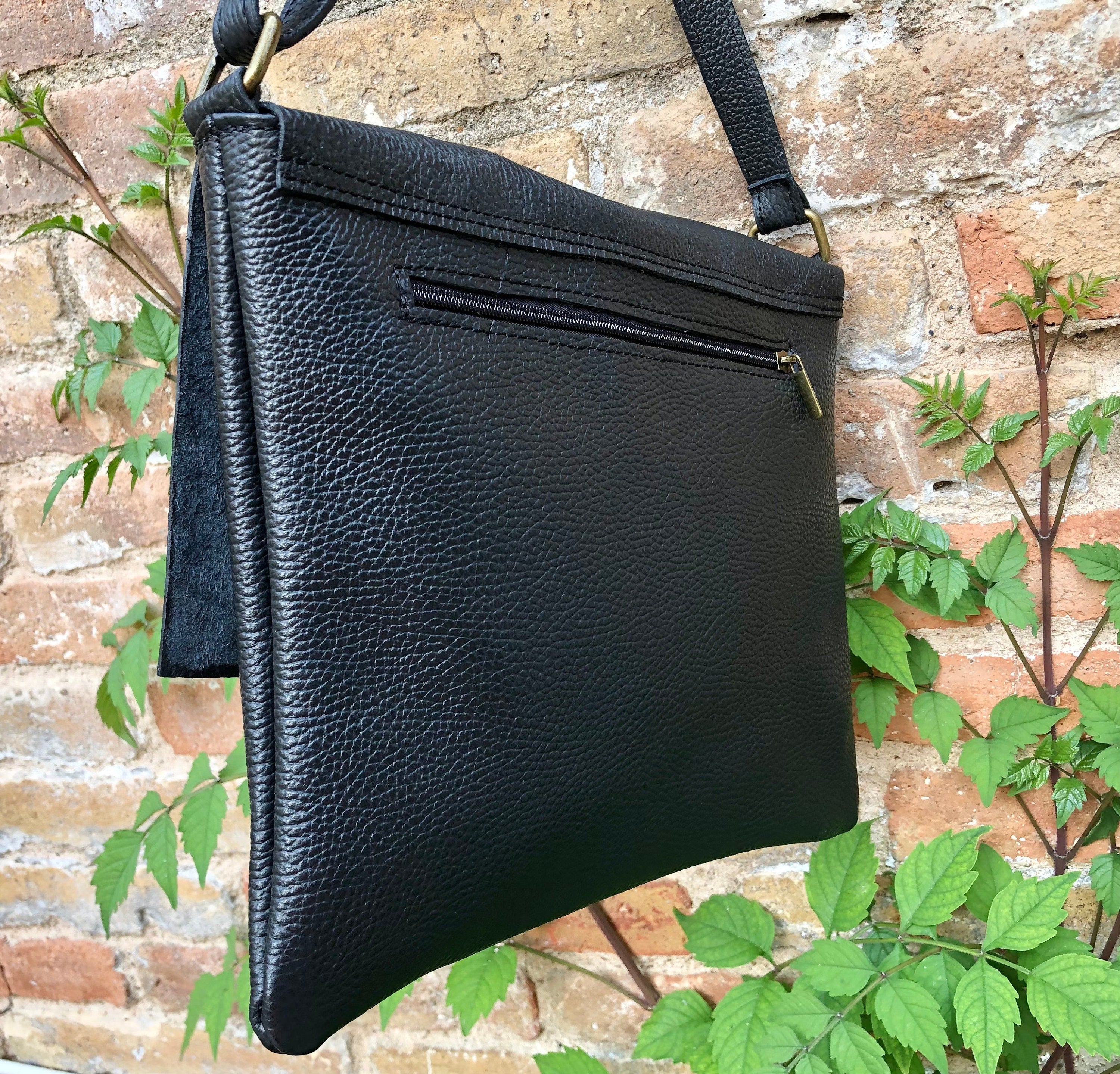 Black crossbody leather bag. Soft genuine leather bag. Black messenger. Black purse with zipper, flap and adjustable strap.