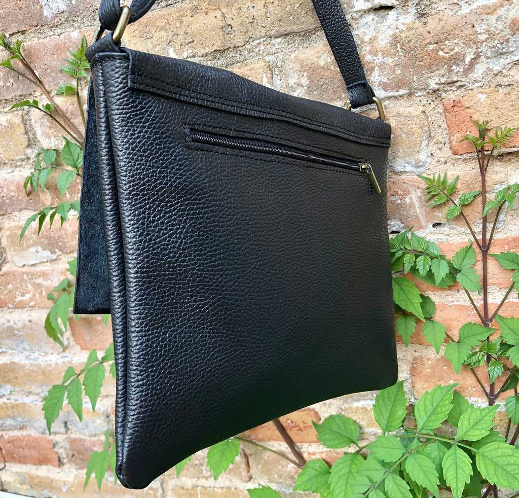 Black crossbody leather bag. Soft genuine leather bag. Black messenger. Black purse with zipper, flap and adjustable strap.