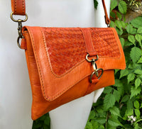 Small cross body bag in ORANGE “distressed” vintage style genuine leather. Enveloppe bag with adjustable strap and flap. Boho yellow purse