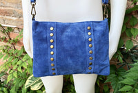 Cross body bag. Boho suede leather bag in blue with bronze color tacks. Messenger bag in genuine suede leather. BLUE suede purse.