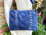 Cross body bag. Boho suede leather bag in blue with bronze color tacks. Messenger bag in genuine suede leather. BLUE suede purse.