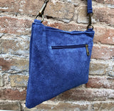 Cross body bag. Boho suede leather bag in blue with bronze color tacks. Messenger bag in genuine suede leather. BLUE suede purse.