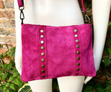 Cross body bag. Boho suede leather bag in FUCHSIA PINK with bronze tacks. Messenger bag in genuine suede leather. Hot pink crossbody bag