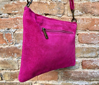 Cross body bag. Boho suede leather bag in FUCHSIA PINK with bronze tacks. Messenger bag in genuine suede leather. Hot pink crossbody bag