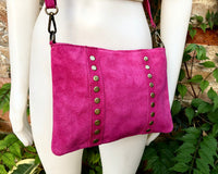 Cross body bag. Boho suede leather bag in FUCHSIA PINK with bronze tacks. Messenger bag in genuine suede leather. Hot pink crossbody bag